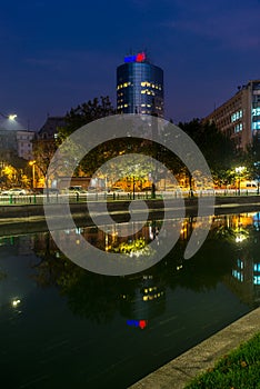 Beautiful sunset Bucharest Romania Bucuresti Dambovita river landscape reflection