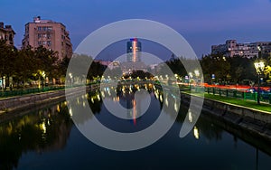 Beautiful sunset Bucharest Romania Bucuresti Dambovita river landscape reflection