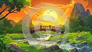 A beautiful sunset cartoon nature landscape, wooden bridge over a river, grassy field with rocks under a vibrant sky as