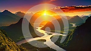 A beautiful sunset casts a warm glow over the majestic mountains and flowing river, Sunrise over New Zealand\'s breathtaking