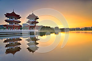 Beautiful Sunset at Chinese Garden with Twin Pagoda in Singapore