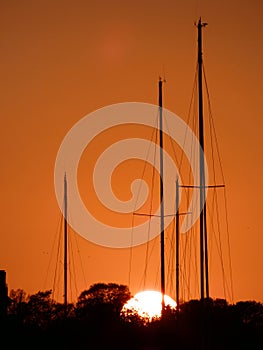 Beautiful sunset in the city harbor of Rostock (Germany)