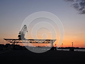 Beautiful sunset in the city harbor of Rostock (Germany)