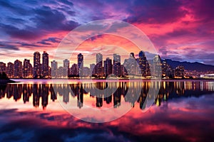 Beautiful sunset in the city with reflection in the lake, Taipei, Taiwan, Beautiful view of downtown Vancouver skyline, British