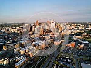 Beautiful sunset drone photo of Denver Colorado.