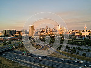 Beautiful sunset drone photo of Denver Colorado.