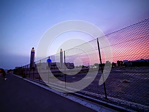 Beautiful sunset evening mosque view with lights.