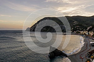 Beautiful sunset on the Fegina beach in Monterosso al Mare, Cinque Terre, La Spezia, Liguria, Italy