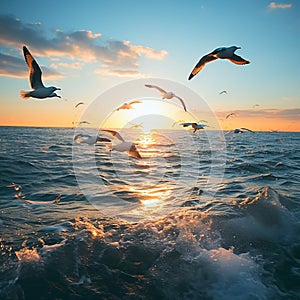 Beautiful sunset with flock of seagulls flying over the sea. Seagulls in the clouds of blue sky. Seagull flying in the