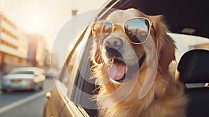 Beautiful sunset golden hour light photo of smiling Golden Retriever cute dog in fancy sunglasses during evening car city tour