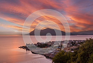 A beautiful sunset at the Greek spa resort Loutra-Edipsou on the island Evia (Euboea) in the Aegean Sea at sunset