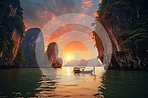 Beautiful sunset at Halong bay, Vietnam. Longtail boat on the sea. Amazed nature scenic landscape James bond island with a boat