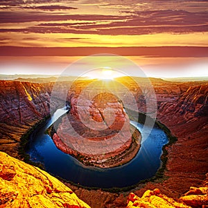 Beautiful sunset on Horseshoe Bend. Grand canyon, Glen Canyon, Arizona.