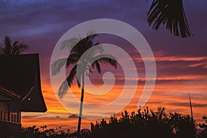 Beautiful sunset with house and palm trees silhouettes. Calm evening with colorful dusk sky. Twilight in tropical resort.