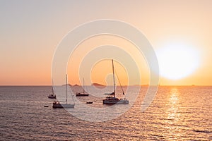 Beautiful sunset on the island of Ibiza. View from Cala Escondida Cala Comte. Balearic Islands. Spain