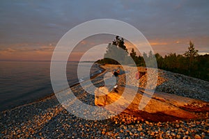 Beautiful sunset on lake Baikal in summer, Vydrino village