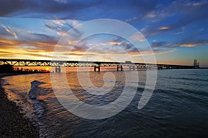 Beautiful sunset by Lake Michigan at Mackinac Bridge near Mackinaw City, Michigan