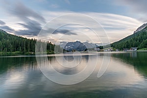 Beautiful sunset in Lake Misurina, natural landscapes in Dolomites, Italy