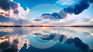 beautiful sunset on the lake with reflection of clouds in the water, AI Generated