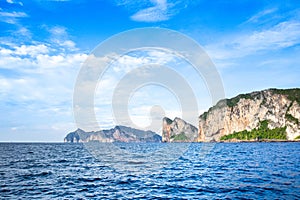 Beautiful sunset landscape of the Maya Bay in the Phi Phi Islands in Thailand