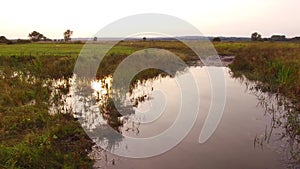 Beautiful sunset landscape nature. Small river with clear water. Unspoiled natural beauty. Summer sunset around field