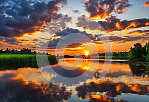 Beautiful Sunset Landscape with Reflection on River