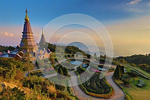 Beautiful sunset landscape at two pagoda, Doi Inthanon National Park, Chiang mai, Thailand