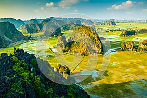 Beautiful sunset landscape viewpoint from the top of Mua Cave mountain, Ninh Binh, Tam Coc, Vietnam