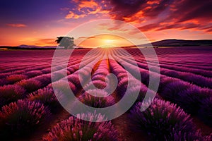 Beautiful sunset on a lavender field. Generative AI