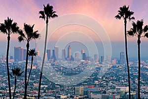 Beautiful sunset of Los Angeles downtown skyline