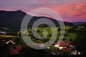 Beautiful sunset at mount Osser near the small town Lam, Bavaria