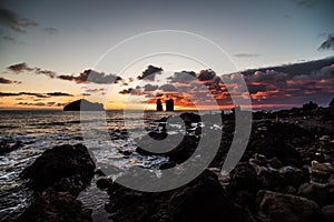 Beautiful sunset near volcanic rocks of Mosteiros beach, Sao Miguel, Azores