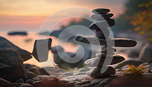 Beautiful Sunset on the Ocean Beach with Balancing Stones and Blurry Background. Generative ai illustration