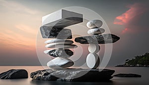 Beautiful Sunset on the Ocean Beach with Balancing Stones and Blurry Background. Generative ai illustration