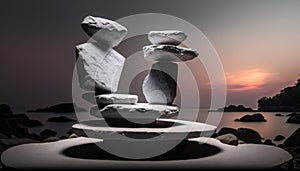 Beautiful Sunset on the Ocean Beach with Balancing Stones and Blurry Background. Generative ai illustration