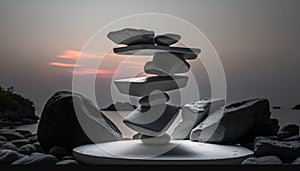 Beautiful Sunset on the Ocean Beach with Balancing Stones and Blurry Background. Generative ai illustration