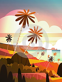 Beautiful Sunset On Ocean, Tropical Landscape Summer Seaside Beach With Palm Tree