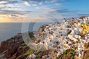 Beautiful sunset at Oia village, Santorini island, Greece.