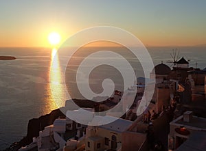 Beautiful Sunset at Oia Village on Santorini Island of Greece