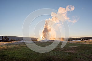 Beautiful Sunset at Old Faithful in Yellowstone National Park