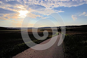 Beautiful sunset over agriculture land with twisty road