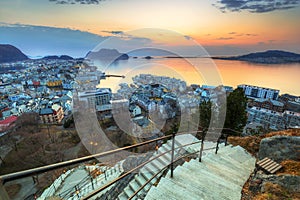 Beautiful sunset over Alesund city at Norwegian Sea, Norway