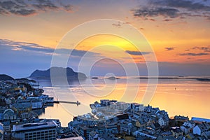 Beautiful sunset over Alesund city at Norwegian Sea, Norway