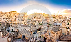 Beautiful sunset over the ancient city of Matera