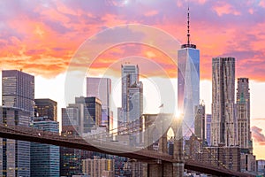 Beautiful sunset over brooklyn bridge in New York City