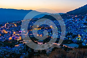 Beautiful sunset over the cityscape of Chefchaouen, the blue city of Morocco