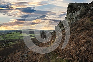 Beautiful sunset over Curbar Edge in Peak District National Park