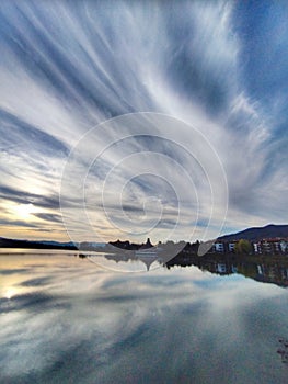 Beautiful sunset over dam in the town of Pravets located in Bulgaria and beautiful sky