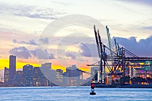 Beautiful sunset over Downtown and the Port of Miami