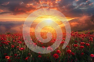 A beautiful sunset over a field of red poppies